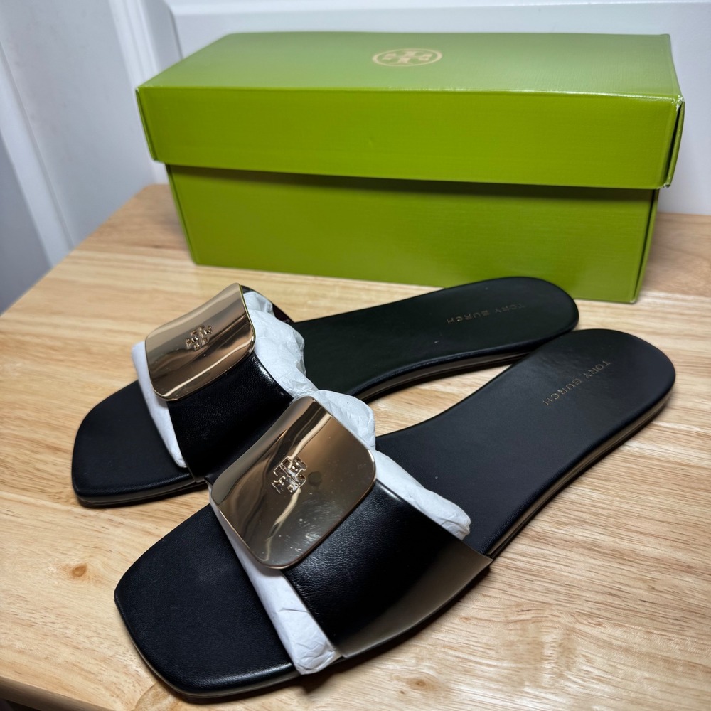 Tory Burch Georgia Slide Black Goat Leather Gold Logo Plate Sandals 8M